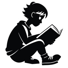 Silhouette of Young Boy Seated Reading an Open Book with Enthusiasm