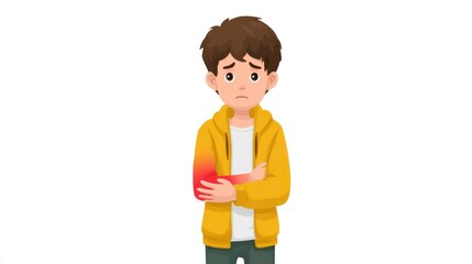 Fototapeta premium A boy in a yellow hoodie holding his arm showing signs of pain or discomfort