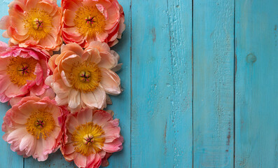 Pink Peony Flowers on Blue Wooden Background with Copy Space. Pink peony flowers arranged on the left side of a rustic blue wooden surface, with empty space on the right.