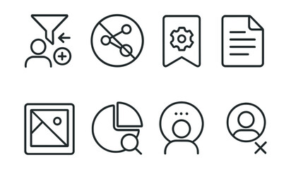 Line style icons of content curation: follow filter icon, no algorithm badge, build your feed tag, “see less of this” file, content detox board, interest-driven chart, thoughtful follow bubble,