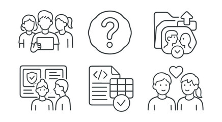 Line style icons of youth-led content awareness: teen media club icon, “what’s real?” badge, peer media talk tag, choose platform file, safe scroll board, media code chart, group digital check-in