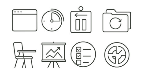 Line style icons of attention aids for students: one tab only icon, focus timer badge, pause and return tag, mental reset file, seat with support board, visual anchor chart, simple checklist bubble,