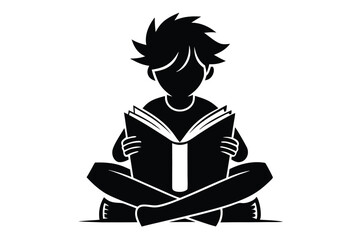 Silhouette of a Boy Sitting CrossLegged Reading a Book with Interest