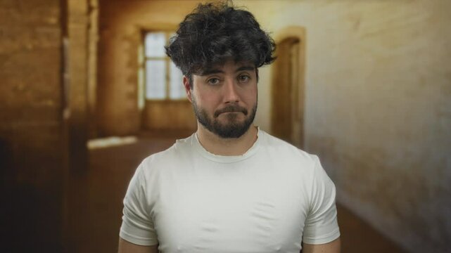 Young hispanic man with beard showing skepticism outside old university building with blurred background.