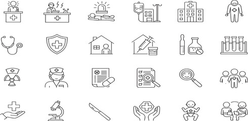 Fototapeta premium Hospital Line Editable Icons set. Vector illustration in modern thin line style of medicine related icons: doctor, ambulance, treatment, and more.
