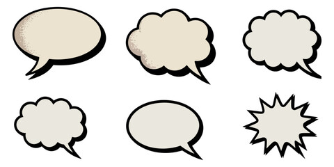Retro empty comic bubbles and elements set with black halftone shadows, Comic Speech Bubbles, Set of speech bubble, comic sticker, chat box and empty social media message balloon silhouette.