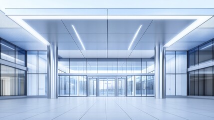 Modern Glass Building Entrance with Automatic Doors and Steel Columns