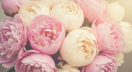 柔らかな光に包まれた淡いピンクと白の牡丹の花束. AI Generated