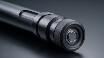 Close-up view of a modern high-tech camera lens on a sleek surface.