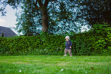 A little explorer wandering through a beautiful garden filled with lush green plants and colorful...