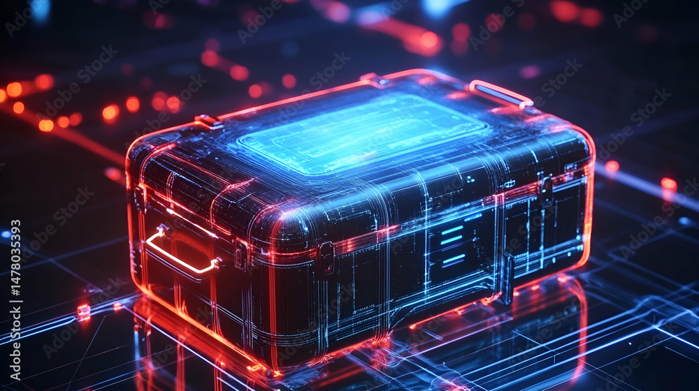 Poster red and blue glowing digital case on circuit background