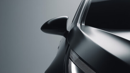 Close-up view of a sleek black car's side mirror and contours under soft lighting.