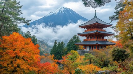 Fototapeta premium Autumnal scenery with temple and majestic mountain.