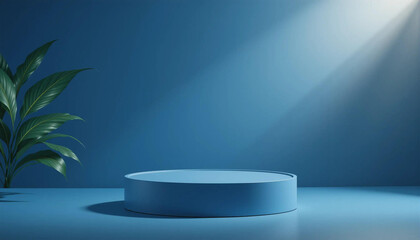 Sleek Blue Stage with Spotlight and Green Plant - 3D Render of Modern Circular Podium in a Calm Studio Environment with Soft Lighting