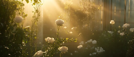 white rose garden in golden hour sunlight