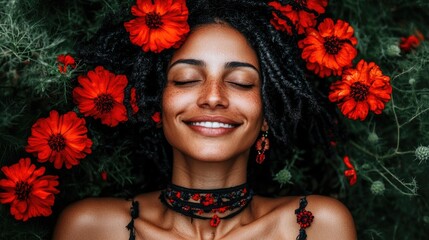 Smiling Woman Surrounded by Lush Flora and Vibrant Red Flowers