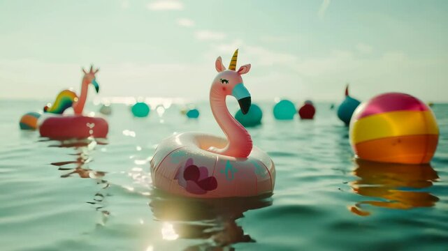 Colorful inflatable toys, including a pink unicorn, floating on sparkling water.