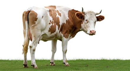 A healthy brown and white spotted dairy cow stands gracefully on a patch of vibrant green grass, sharply isolated against a pure white background, perfect for easy compositing.