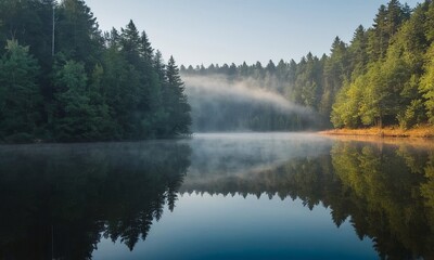 Serene Lake Landscape, Reflections of Nature in Misty Morning Light