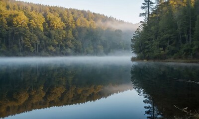 Fototapeta premium Serene lake landscape reflecting surrounding trees and morning mist in a quiet natural setting