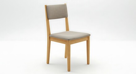 A modern light wood dining chair, featuring a soft grey or beige upholstered seat and matching backrest, is presented in a clean studio shot, isolated against a pristine white background.