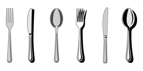 spoon and fork icon set. spoon, fork and knife icon vector. restaurant icon, Kitchen cutlery set. Table knife, tablespoon, teaspoon, metal spoon and steel fork. Flatware top view. Dining, eating tool.