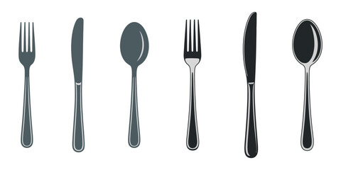 spoon and fork icon set. spoon, fork and knife icon vector. restaurant icon, Kitchen cutlery set. Table knife, tablespoon, teaspoon, metal spoon and steel fork. Flatware top view. Dining, eating tool.