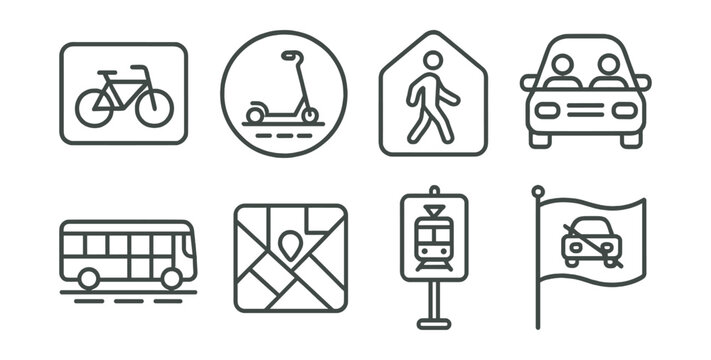 Line style icons of urban sustainable mobility: bike lane icon, e-scooter on sidewalk badge, pedestrian priority zone tag, shared ride symbol, bus rapid transit file, city walkability map, tram stop