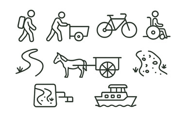 Line style icons of low-tech transport options: walk-and-carry icon, pushcart badge, rural cycle board, accessible handcart file, travel by foot path chart, local animal cart tag, traditional ferry