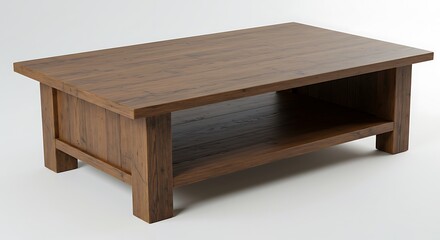 A classic, medium-dark brown wooden coffee table, showcasing a rich wood grain, is presented in a clean studio shot, isolated against a plain white background. 