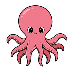 Cute Pink little octopus cartoon flat. Cute octopus with hand drawn sea life elements. Sea animals. Vector doodle cartoon octopus of marine life isolated on transparent backgorund, PNG 