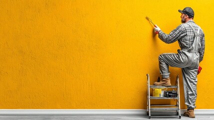 Fototapeta premium Painter in Action A Professional Applying Vibrant Yellow Paint to a Wall Using a Roller and La