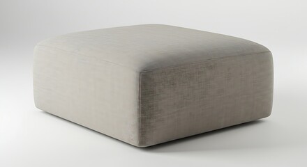 A modern light grey upholstered ottoman, featuring a soft fabric texture and gently rounded square or rectangular form, is elegantly showcased in a bright studio setting, isolated against a clean whit
