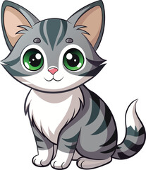 Obraz premium Cute Cartoon Cat: A charming cartoon cat with big, expressive green eyes and a playful, innocent expression, rendered in a delightful illustration.