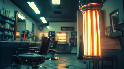 Retro Barbershop Interior with Warm Lighting and Vintage Details