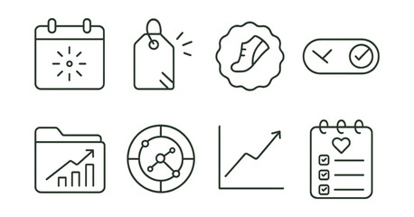 Line style icons of motivation without pressure: daily spark icon, encouragement tag, “small step” badge, no leaderboard toggle, progress for me file, motivation circle board, effort focus chart,