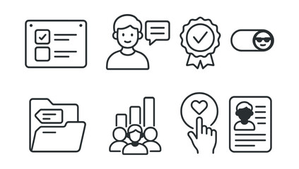 Fototapeta premium Line style icons of peer advice and tips: “what helped me” board, student voice bubble, tried this badge, ask anonymously toggle, topic tags file, crowd wisdom chart, vote on tips icon, teen-to-teen