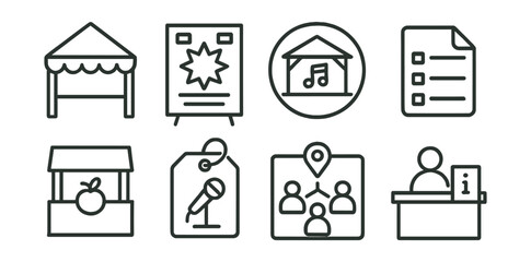 Line style icons of community event essentials: street fair tent icon, festival poster board, local music stage badge, event schedule file, food stall symbol, open mic sign tag, crowd map chart,