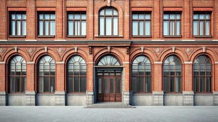 Fototapeta premium Classic Red Brick Building Exterior with Arch Windows and Door