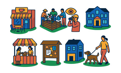 Isometric flat vector set of illustrations of neighborhood community: local café, community garden, bike path, neighborhood watch, public library, street fair, bulletin board, friendly dog walker.