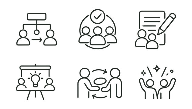 Line style icons of collaboration and teamwork: shared task chart, group decision badge, co-create file, peer support tag, team brainstorm board, role rotation icon, give and take symbol, celebrate