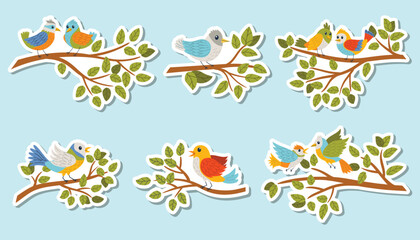 Sticker collection featuring colorful birds sitting on branches in flat cartoon style. Bright and cheerful design perfect for kids, crafts, nature themes, and decorative projects.