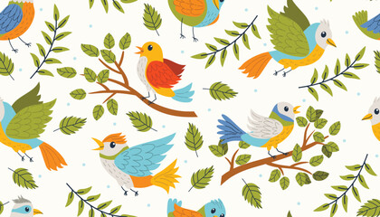 Fototapeta premium Seamless pattern with colorful birds flying and sitting on branches in flat cartoon style. Cheerful and lively design perfect for kids' products, textiles, wallpapers, and playful decor.