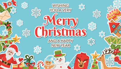 Christmas holiday greeting poster with cheerful congratulations, decorated with festive stickers and snowflakes. Features playful seasonal icons like Santa, gifts, tree, and holly.