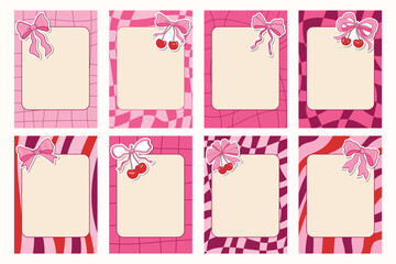 Set of groovy note frames decorated with charming bows and cherries in trendy coquette style. Feminine, cute, and playful design ideal for planners, journals, scrapbooks, or aesthetic stationery.