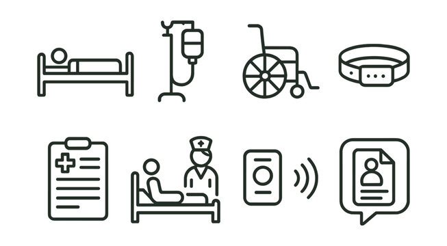Line style icons of patient care: hospital bed icon, IV drip stand badge, wheelchair tag, patient wristband file, care plan chart, nurse visit symbol, bedside call button board, patient file bubble.
