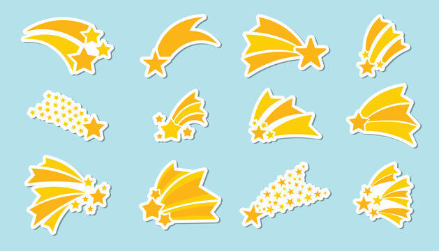 Set of falling stars stickers in flat cartoon style. Bright and cosmic elements with glowing trails and dreamy details, ideal for planners, scrapbooking, digital designs, or decorative projects.