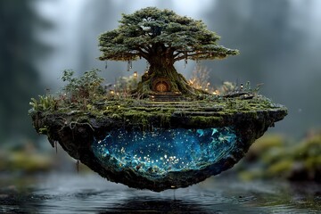 Floating mystical tree with a glowing underworld in a serene forest setting during dusk