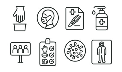 Line style icons of infection control: glove disposal icon, mask zone badge, sterilization file, antimicrobial gel board, contact precautions chart, PPE checklist tag, infection outbreak bubble,