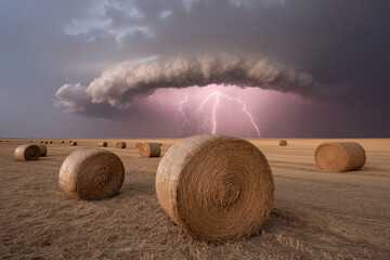 Dramatic storm clouds loom over a golden field of hay bales, with striking lightning illuminating the sky, creating a powerful and atmospheric rural landscape scene